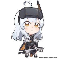 Rule 34 | 1girl, ahoge, black footwear, black necktie, blunt bangs, brown eyes, cape, capelet, chibi, closed mouth, commentary, english commentary, full body, goddess of victory: nikke, grey hair, gun, head-mounted display, highres, holding, holding gun, holding weapon, light frown, loafers, long hair, long sleeves, looking at viewer, multiple neckties, necktie, official art, orange cape, shoes, snow white (innocent days) (nikke), snow white (nikke), socks, solo, standing, totatokeke, weapon, white socks