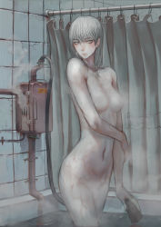 Rule 34 | 1girl, albino, bathing, breasts, censored, cleavage, convenient censoring, crack, cracked wall, grey eyes, highres, indoors, jittsu, long hair, looking at viewer, medium breasts, navel, nude, original, shower curtain, silver hair, solo, standing, steam, steam censor, wading