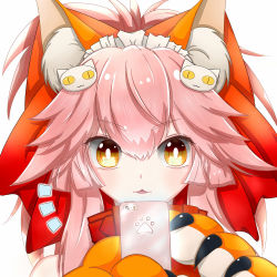 Rule 34 | 1girl, :3, ^^^, animal ears, animal hands, bell, cellphone, collar, fate/grand order, fate (series), fox ears, hair ribbon, long hair, neck bell, open mouth, phone, pink hair, ribbon, simple background, smartphone, solo, tamamo (fate), tamamo cat (fate), tamamo no mae (fate/extra), white background, yellow eyes