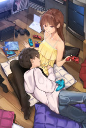 Rule 34 | 1boy, 1girl, bare arms, bare shoulders, bedroom, black-framed eyewear, black pantyhose, breasts, brown eyes, brown hair, collarbone, commentary, controller, dress, unworn eyewear, feet, fingernails, full body, game console, game controller, glasses, highres, holding, holding controller, holding removed eyewear, indoors, lap pillow, long hair, nintendo switch, no shoes, original, pantyhose, pillow, sitting, skirt, soles, television, thighhighs, yellow dress, yewang19