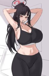 Rule 34 | 1girl, armpits, arms up, bare arms, bare shoulders, black hair, black pants, blue archive, breasts, cleavage, commentary, cowboy shot, crop top, hair ornament, hairclip, highres, huge breasts, kuavera, leggings, looking at viewer, midriff, mouth hold, navel, pants, pink eyes, rio (blue archive), solo, sports bra, standing, stomach, thighs, tying hair, unfinished
