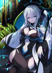Rule 34 | 1girl, absurdres, black dress, black thighhighs, blue eyes, breasts, cleavage, closed mouth, commentary request, crossed legs, dress, fate/grand order, fate (series), feet out of frame, grey hair, hair between eyes, highres, long hair, long sleeves, looking at viewer, medium breasts, morgan le fay (fate), navel, shibakame, sitting, solo, thighhighs, very long hair, wide sleeves
