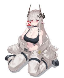 Rule 34 | 1girl, absurdres, arknights, black choker, black horns, blush, breasts, can, choker, cleavage, collarbone, commentary, commentary request, grey hair, grey jacket, grey pants, highres, holding, holding can, horns, jacket, large breasts, long hair, long sleeves, looking at viewer, material growth, mong na, mudrock (arknights), navel, oripathy lesion (arknights), pants, pointy ears, simple background, sitting, solo, sweat, white background