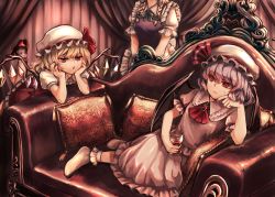 Rule 34 | 3girls, blonde hair, braid, commentary request, couch, crystal, cup, demon wings, dress, drinking glass, flandre scarlet, hands on own cheeks, hands on own face, hat, hat ribbon, highres, holding, holding cup, indoors, izayoi sakuya, light purple hair, looking at another, maid, medium hair, mob cap, multiple girls, nail polish, nervous, on couch, pink dress, puffy short sleeves, puffy sleeves, red eyes, red nails, red ribbon, red skirt, red vest, reika winter, remilia scarlet, ribbon, shirt, short sleeves, siblings, silver hair, sisters, skirt, touhou, twin braids, vampire, vest, white shirt, wine glass, wings