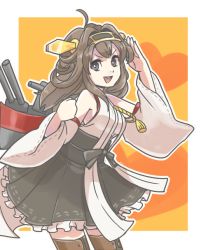 Rule 34 | 10s, 1girl, ahoge, black eyes, brown hair, cannon, hairband, kantai collection, kongou (kancolle), long hair, nontraditional miko, open mouth, personification, salute, shinope, skirt, solo, thighhighs, turret, weapon, wide sleeves