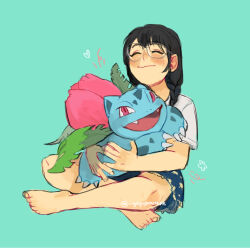 1girl artist_self-insert barefoot black_hair blush braid claws closed_eyes closed_mouth creatures_(company) game_freak gen_1_pokemon glasses highres holding holding_pokemon hug ivysaur long_hair nintendo open_mouth pokemon pokemon_(creature) sharlene_yap shirt simple_background sitting skirt twitter_username white_shirt