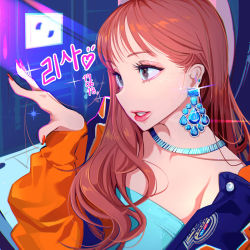 Rule 34 | 1girl, alcoholrang, blackpink, brown hair, chanel, chromatic aberration, collarbone, commentary request, curly hair, dated, earrings, eye focus, eyelashes, female focus, fingernails, glint, hair over shoulder, hand up, highres, jacket, jewelry, korean commentary, korean text, lips, lisa (blackpink), long fingernails, long hair, long sleeves, makeup, making-of available, nail polish, necklace, open clothes, open jacket, parted lips, profile, puffy lips, red nails, solo, song name, upper body