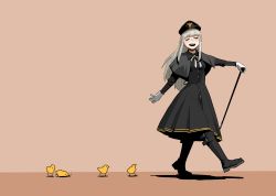 Rule 34 | 1girl, :d, absurdres, bird, black dress, black footwear, black hat, blush, boots, braid, cane, capelet, chick, closed eyes, dress, french braid, gloves, gogalking, grey background, grey capelet, grey hair, hat, highres, holding, long hair, long sleeves, marching, military hat, neck ribbon, open mouth, original, ribbon, round teeth, smile, solo, teeth, uniform girl (gogalking), upper teeth only, white gloves, white ribbon