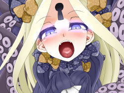 Rule 34 | 1girl, abigail williams (fate), black bow, black dress, black hat, blonde hair, blue eyes, blush, bow, commentary request, dress, fate/grand order, fate (series), glowing, glowing eyes, hair bow, hat, highres, irodori (irotoridori), keyhole, long sleeves, looking at viewer, nose blush, open mouth, orange bow, parted bangs, polka dot, polka dot bow, sleeves past wrists, solo, suction cups, tentacles, tongue, unmoving pattern