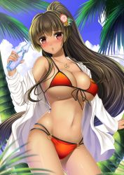 Rule 34 | 10s, 1girl, anchor, bad id, bad pixiv id, beach, bikini, blush, breasts, brown eyes, brown hair, chestnut mouth, cleavage, cloud, collarbone, cowboy shot, day, flower, front-tie top, hair flower, hair ornament, holding, jacket, jewelry, kantai collection, large breasts, leaf, long hair, long sleeves, navel, o-ring, o-ring bottom, off shoulder, open mouth, outdoors, palm tree, pendant, ponytail, ramune, red bikini, shibata rai, sky, solo, sweat, swimsuit, tree, underboob, yamato (kancolle)