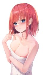 Rule 34 | 1girl, absurdres, blue eyes, blush, breasts, cleavage, closed mouth, collarbone, go-toubun no hanayome, highres, large breasts, looking at viewer, nakano nino, naked towel, pink hair, simple background, solo, standing, towel, wet, wet hair, white background, yuunamida uyu
