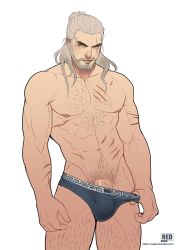 Rule 34 | 1boy, abs, absolum art, bara, beard, briefs, bulge, chest hair, erection, erection under clothes, facial hair, geralt of rivia, highres, leg hair, male focus, male pubic hair, male underwear, male underwear pull, mature male, medium hair, muscular, muscular male, navel, navel hair, nipples, pectorals, penis, penis peek, pubic hair, pulling own clothes, scar, scar across eye, scar on arm, scar on chest, scar on face, scar on stomach, solo, stomach, the witcher (series), the witcher 3, thighs, uncensored, underwear, underwear only, white hair, yellow eyes