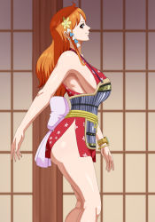 Rule 34 | 1girl, absurdres, ahoge, armor, arms at sides, ass, bare legs, bare shoulders, breastplate, breasts, closed mouth, curvy, feet out of frame, female focus, from side, hair ornament, highres, huge ass, indoors, japanese clothes, kimono, large breasts, legs, long hair, looking at viewer, nami (one piece), nami (one piece) (wano), obi, one piece, orange hair, pinkpawg, red eyes, red kimono, revealing clothes, sash, shiny skin, side slit, sideboob, smile, solo, standing, thighs, wide hips