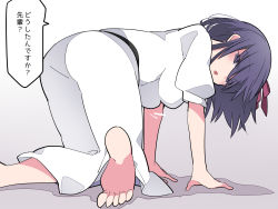 Rule 34 | 1girl, all fours, barefoot, dress, fate/stay night, fate (series), from behind, hair ribbon, hammer (sunset beach), highres, long hair, looking at viewer, looking back, matou sakura, official alternate costume, purple eyes, purple hair, red ribbon, ribbon, soles, solo, speech bubble, toes, translation request, white dress