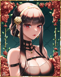 Rule 34 | 1girl, absurdres, bare shoulders, braid, braided bun, breasts, cleavage, closed mouth, earrings, ellireii, expressionless, floral background, flower, glint, gold earrings, gold hairband, hair bun, hair flower, hair ornament, hairband, highres, jewelry, large breasts, leaf, lipstick, long hair, looking at viewer, makeup, portrait, red eyes, red flower, red lips, red rose, rose, rose background, sidelocks, solo, spikes, spy x family, upper body, yor briar