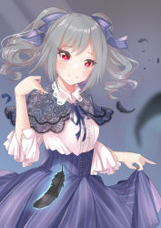 Rule 34 | 1girl, black feathers, blurry, blurry foreground, capelet, closed mouth, collared shirt, dress shirt, feathers, floating hair, grey background, grey capelet, hair ribbon, high-waist skirt, idolmaster, idolmaster cinderella girls, kanzaki ranko, koukoku, layered capelet, long hair, long skirt, looking at viewer, purple ribbon, purple skirt, red eyes, ribbon, shirt, silver hair, skirt, skirt hold, smile, solo, striped clothes, striped ribbon, striped skirt, twintails, vertical-striped clothes, vertical-striped skirt, white shirt, wing collar