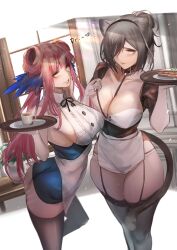 Rule 34 | 2girls, absurdres, alternate costume, animal ears, arknights, ass, black choker, black thighhighs, breasts, cat ears, cat tail, ceylon (arknights), choker, cleavage, commentary request, cup, garter straps, grey hair, hair over one eye, highres, holding, holding tray, indoors, large breasts, leash, long hair, looking at viewer, multiple girls, pink hair, schwarz (arknights), shirt, standing, tail, teacup, thighhighs, thighs, tray, very long hair, white shirt, yellow eyes, yujieai