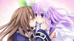Rule 34 | 10s, 2girls, :o, ahoge, blush, brown hair, choker, choujigen game neptune mk2, closed eyes, collar, cross, d-pad, female focus, from side, game cg, gradient background, grey hair, hair between eyes, hair ornament, hair ribbon, hand on another&#039;s cheek, hand on another&#039;s face, highres, if (neptunia), imminent kiss, jacket, kiss, kissing cheek, long hair, long sleeves, looking at another, multiple girls, neckerchief, nepgear, neptune (series), official art, open mouth, purple eyes, purple hair, ribbon, school uniform, serafuku, surprised, tsunako, upper body, wavy hair, wide-eyed, wide sleeves, yuri