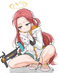 Rule 34 | 1girl, anus, blue archive, blue eyes, blush, bottomless, bow, closed mouth, commentary request, feet, forehead, full body, grenade launcher, gun, hair bow, halo, highres, holding, holding gun, holding weapon, jacket, jitome, long hair, m320, messy hair, modular weapon system, naked jacket, naltal, orange hair, parted bangs, sandals, solo, squatting, stand-alone configuration, sweat, thighs, toes, very long hair, weapon, white bow, white jacket, yuzu (blue archive)