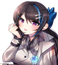 Rule 34 | 1girl, arm under breasts, black necktie, blue bow, blue flower, blue hair, blush, bow, breast hold, breasts, brown hair, collared shirt, commentary, english commentary, flower, girls&#039; frontline, grey jacket, grey shirt, hair between eyes, hair bow, hair ornament, hairclip, hand up, highres, jacket, jericho (girls&#039; frontline), large breasts, long hair, looking at viewer, multicolored hair, necktie, parted lips, red eyes, shirt, simple background, smile, solo, streaked hair, upper body, white background, xes (xes 5377)