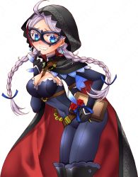 Rule 34 | 1girl, ahoge, black cape, blue bodysuit, blue eyes, bodysuit, book, boots, braid, breasts, cape, drooling, earrings, eye mask, feathers, fire emblem, fire emblem fates, fire emblem heroes, flower, gem, hiroshioen, holding, holding book, hood, hooded cape, jewelry, long hair, low twintails, medium breasts, nina (fire emblem), nintendo, o-ring, official alternate costume, parted bangs, red cape, red flower, red rose, rose, smile, solo, thigh boots, twin braids, twintails, two-tone bodysuit, two-tone cape, upper body, white hair