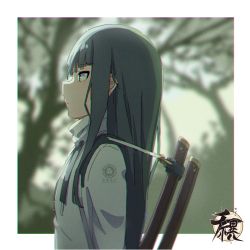 Rule 34 | 1girl, black hair, blurry, blurry background, commentary request, depth of field, drawstring, from side, highres, kuro kosyou, long hair, looking away, original, profile, sheath, shirt, solo, upper body, white shirt