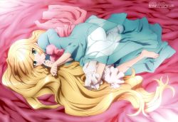 Rule 34 | 1girl, absurdres, barefoot, bed sheet, blonde hair, feet, gosick, green eyes, highres, legs, long hair, looking at viewer, lying, megami magazine, non-web source, official art, on side, scan, solo, tanaka seiki, very long hair, victorica de blois