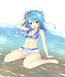 Rule 34 | 10s, 1girl, :d, aito (indigorabbit), alternate costume, arm support, bare arms, bare legs, bare shoulders, barefoot, bikini, blue eyes, blue hair, blush, breasts, cleavage, collarbone, double bun, eyebrows, full body, hair between eyes, hair bun, hat, hat ribbon, kantai collection, large breasts, long hair, looking at viewer, matching hair/eyes, navel, ocean, open mouth, partially submerged, ribbon, sailor hat, sarong, signature, sitting, sky, smile, solo, striped bikini, striped clothes, swimsuit, urakaze (kancolle), wariza, water, white hat
