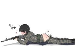 Rule 34 | 1girl, aftersex, black hair, blush, camouflage, closed eyes, clothes pull, cum, female focus, from side, girls und panzer, gun, guropara, highres, holding, holding gun, holding weapon, lying, military, military uniform, nina (girls und panzer), on stomach, open mouth, pants, pants pull, short twintails, solo, sweat, twintails, uniform, weapon, white background