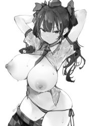 Rule 34 | 1girl, arms behind head, between breasts, breasts, closed mouth, commentary request, cowboy shot, greyscale, hat, highres, himekaidou hatate, huge breasts, large breasts, long hair, looking at viewer, monochrome, necktie, necktie between breasts, nipples, open clothes, open shirt, panties, plaid, plaid skirt, puffy short sleeves, puffy sleeves, short sleeves, skirt, solo, sweat, tokin hat, touhou, tousen, twintails, twitter username, underwear, wet, wet clothes