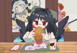 Rule 34 | 3girls, against glass, anger vein, angry face emoji, black hair, black hat, black wings, bow, burger, cable, cape, cellphone, collar, commentary, cracked phone, cup, disposable cup, dress, eating, emoji, feathered wings, food, food on face, food wrapper, frilled collar, frilled shirt, frills, from behind, green bow, green eyes, green hair, green shirt, grey background, hair bow, hair intakes, hat, hata no kokoro, highres, holding, holding burger, holding food, indoors, komeiji koishi, long hair, long sleeves, looking at another, looking at food, medium hair, multiple girls, no nose, one side up, parted bangs, phone, pink hair, print cape, red eyes, reiuji utsuho, reiuji utsuho (bird), rn (sbr2933090), shirt, sky print, smartphone, straight hair, symbol-only commentary, table, touhou, tray, two-tone shirt, upper body, very long hair, white cape, white shirt, window, wings, yellow dress, yellow shirt