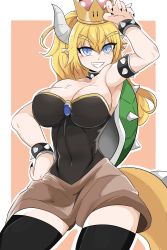 Rule 34 | 1girl, absurdres, arm up, armlet, armpits, black thighhighs, blonde hair, blue eyes, bowsette, bracelet, breasts, collar, crown, grin, hair between eyes, highres, horns, jewelry, korean commentary, large breasts, leotard, long hair, looking at viewer, mangpum (taro109210), mario (series), new super mario bros. u deluxe, nintendo, pointy ears, ponytail, slit pupils, smile, solo, spiked armlet, spiked bracelet, spiked collar, spikes, super crown, thick eyebrows, thighhighs, turtle shell