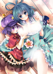 Rule 34 | 2girls, blue eyes, blue hair, blush, breasts, breasts out, censored, convenient censoring, hair censor, hair ornament, hair stick, hat, kaku seiga, large breasts, lying, miyako yoshika, multiple girls, nogi takayoshi, on back, on side, open mouth, petals, purple eyes, purple hair, steam, steam censor, tongue, tongue out, touhou, yuri