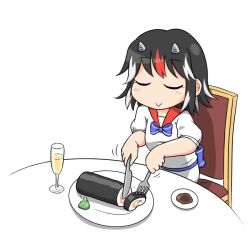 Rule 34 | 1girl, black hair, closed eyes, closed mouth, commentary request, cone horns, cup, drinking glass, ehoumaki, food, fork, grey horns, holding, holding fork, holding knife, horns, kijin seija, knife, light blush, makizushi, multicolored hair, on chair, red hair, setsubun, short sleeves, sitting, small horns, smile, solo, streaked hair, sushi, table, touhou, unachika, white hair, you&#039;re doing it wrong
