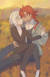 Rule 34 | 2girls, black jacket, black pants, black suit, collared shirt, commentary, formal, grey jacket, gundam, gundam suisei no majo, hand on another&#039;s face, hand on another&#039;s waist, highres, imminent kiss, interlocked fingers, jacket, jewelry, long hair, long sleeves, miorine rembran, multiple girls, on ground, outdoors, pants, parted lips, red hair, ring, rokilly, shirt, short hair, sitting, sitting on lap, sitting on person, suit, suit jacket, suletta mercury, thick eyebrows, wedding ring, white hair, white shirt, wife and wife, yuri