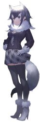 Rule 34 | 10s, 1girl, alternate footwear, animal ears, black hair, blue eyes, boots, breast pocket, commentary request, emushake, full body, fur collar, fur trim, gloves, grey hair, grey wolf (kemono friends), heterochromia, high heel boots, high heels, highres, kemono friends, long hair, long sleeves, multicolored hair, necktie, plaid, plaid necktie, plaid neckwear, plaid skirt, pleated skirt, pocket, skirt, sleeve cuffs, solo, tail, thighhighs, white hair, wolf ears, wolf tail, yellow eyes, zettai ryouiki