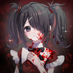 Rule 34 | 1girl, ame-chan (needy girl overdose), black hair, black ribbon, blood, blood on clothes, blood on face, blood on hands, blood splatter, closed mouth, collared shirt, hair ornament, hair over one eye, hand up, highres, holding, holding phone, long hair, looking at viewer, neck ribbon, needy girl overdose, phone, purple eyes, red background, red shirt, ribbon, shirt, shuijiao daojishi, solo, suspenders, twintails, upper body, x hair ornament