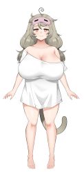 Rule 34 | 1girl, :3, absurdres, ahoge, bad id, bad pixiv id, bare shoulders, barefoot, blush, breasts, bright pupils, brown hair, cleavage, closed mouth, collarbone, full body, highres, huge breasts, long hair, looking at viewer, messy hair, monkey girl, monkey tail, original, red eyes, saru (monkey magic3), shirt, short sleeves, simple background, sleep mask, smile, solo, standing, straight-on, tachi-e, tail, white background, white pupils, white shirt