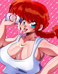 Rule 34 | 1girl, artist request, blue eyes, braid, breasts, food, hair between eyes, holding, holding food, large breasts, lips, long hair, looking at viewer, open mouth, pink background, ranma-chan, ranma 1/2, red hair, sexually suggestive, shiny skin, short sleeves, simple background, single braid, smile, solo, tongue, tongue out, yogurt