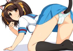 Rule 34 | 1girl, all fours, anal, anal object insertion, anal tail, animal ear fluff, animal ears, ass, backless panties, black socks, blue sailor collar, blue skirt, bow, brown eyes, brown hair, cat ears, cat tail, censored, closed mouth, clothes lift, commentary request, fake tail, from behind, hair bow, hairband, haruhisky, kemonomimi mode, kita high school uniform, kneehighs, looking at viewer, looking back, medium hair, mosaic censoring, object insertion, orange bow, orange hairband, panties, sailor collar, school uniform, serafuku, short sleeves, simple background, skirt, skirt lift, sleeve cuffs, socks, solo, suzumiya haruhi, suzumiya haruhi no yuuutsu, tail, underwear, white background, white panties