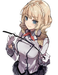 Rule 34 | 1girl, black skirt, blonde hair, blue eyes, blush, braid, breasts, colorado (kancolle), cosplay, epaulettes, frills, gloves, holding, kantai collection, kashima (kancolle), kashima (kancolle) (cosplay), large breasts, long sleeves, military, military uniform, picoli1313, riding crop, short hair, simple background, skirt, smile, solo, uniform, white background, white gloves