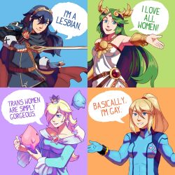 Rule 34 | 4girls, armor, blonde hair, blue background, blue eyes, blue hair, breasts, cape, crown, dress, earrings, english text, eyebrows, fire emblem, fire emblem awakening, frogbians, green background, green eyes, green hair, jewelry, kid icarus, kid icarus uprising, long hair, looking at viewer, lucina (fire emblem), luma (mario), mario (series), matching hair/eyes, metroid, mole, mole under mouth, multiple girls, nintendo, open mouth, orange background, palutena, parted lips, ponytail, purple background, rosalina, samus aran, simple background, smile, stitched, super mario bros. 1, super mario galaxy, sword, third-party edit, tiara, weapon