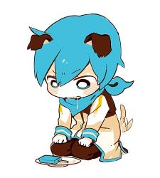 Rule 34 | 1boy, 8&#039;108, animal ears, blue eyes, blue hair, blush, chibi, dog ears, dog tail, food, ice cream, kaito (vocaloid), kemonomimi mode, lowres, male focus, matching hair/eyes, saliva, scarf, short hair, simple background, sitting, solo, tail, tail wagging, vocaloid
