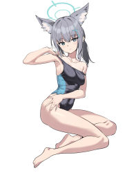 Rule 34 | 1girl, animal ear fluff, animal ears, barefoot, black one-piece swimsuit, blue archive, blue eyes, breasts, clothes pull, collarbone, competition swimsuit, covered navel, cross hair ornament, deatheach, extra ears, full body, grey hair, hair ornament, halo, highres, looking at viewer, low ponytail, medium breasts, medium hair, mismatched pupils, multicolored clothes, multicolored swimsuit, one-piece swimsuit, one-piece swimsuit pull, shiroko (blue archive), shiroko (swimsuit) (blue archive), simple background, solo, swimsuit, white background