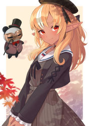 Rule 34 | 1girl, autumn leaves, black choker, black headwear, black jacket, blonde hair, blush, bow, bowtie, braid, brown dress, cane, choker, commentary request, cowboy shot, creature, cropped jacket, dark-skinned female, dark skin, domino mask, dress, elf, formal, frilled sleeves, frills, from side, gradient background, hat, highres, hololive, jacket, kintsuba (shiranui flare), long hair, long sleeves, looking at viewer, looking to the side, mask, multicolored hair, open clothes, open jacket, pointy ears, red bow, red eyes, red neckwear, shiranui flare, shiranui flare (street), shirt, sidelocks, streaked hair, striped clothes, striped dress, suit, top hat, two-tone hair, vertical-striped clothes, vertical-striped dress, virtual youtuber, white shirt, yudetama