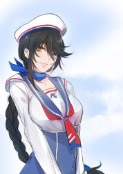 Rule 34 | 1girl, black hair, blue sailor collar, braid, day, hat, long hair, looking at viewer, neckerchief, official alternate costume, sailor collar, sailor hat, sky, smile, solo, tales of (series), tales of berseria, tusia, velvet crowe, yellow eyes