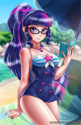 Rule 34 | 1girl, beach, beach chair, beach umbrella, black-framed eyewear, blunt bangs, book, breasts, cowboy shot, day, glasses, hair ornament, jewelry, long hair, looking at viewer, medium breasts, multicolored hair, my little pony, my little pony: equestria girls, my little pony: friendship is magic, nail polish, necklace, ocean, one-piece swimsuit, open book, outdoors, parted lips, personification, ponytail, purple eyes, purple hair, purple nails, racoon-kun, sci-twi, smile, solo, star (symbol), star hair ornament, streaked hair, swimsuit, twilight sparkle, umbrella, very long hair, watermark, web address