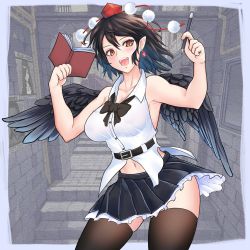 Rule 34 | 1girl, :d, armpit crease, bare shoulders, belt, bird wings, black skirt, black thighhighs, black wings, blush, breasts, brown eyes, brown hair, buckle, buttons, cleavage, collared shirt, commentary request, earrings, eyelashes, feathered wings, frilled skirt, frills, hat, highres, holding, holding notebook, holding pen, jewelry, large breasts, looking at viewer, midriff peek, miniskirt, navel, notebook, open mouth, pen, pleated skirt, pointy ears, pom pom (clothes), poster (object), puck100ml, red hat, shameimaru aya, shirt, skirt, sleeveless, sleeveless shirt, smile, solo, stairs, standing, stomach, stone stairs, thighhighs, tokin hat, tongue, touhou, upper body, wing collar, wings