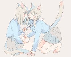 Rule 34 | 2girls, animal ears, barefoot, blouse, blue shirt, blush, candy, cat ears, cat girl, cat tail, chocolate, chocolate bar, closed eyes, collared shirt, food, food in mouth, grey hair, grey neckwear, grey skirt, indian style, inutose, kneeling, long hair, long sleeves, multiple girls, necktie, necktie grab, neckwear grab, original, pulling another&#039;s clothes, shirt, simple background, sitting, skirt, tail, yuri