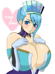 Rule 34 | 10s, 1girl, blue eyes, blue hair, blue rose (tiger &amp; bunny), blush, breast suppress, breasts, cleavage, highres, huge breasts, tiger &amp; bunny